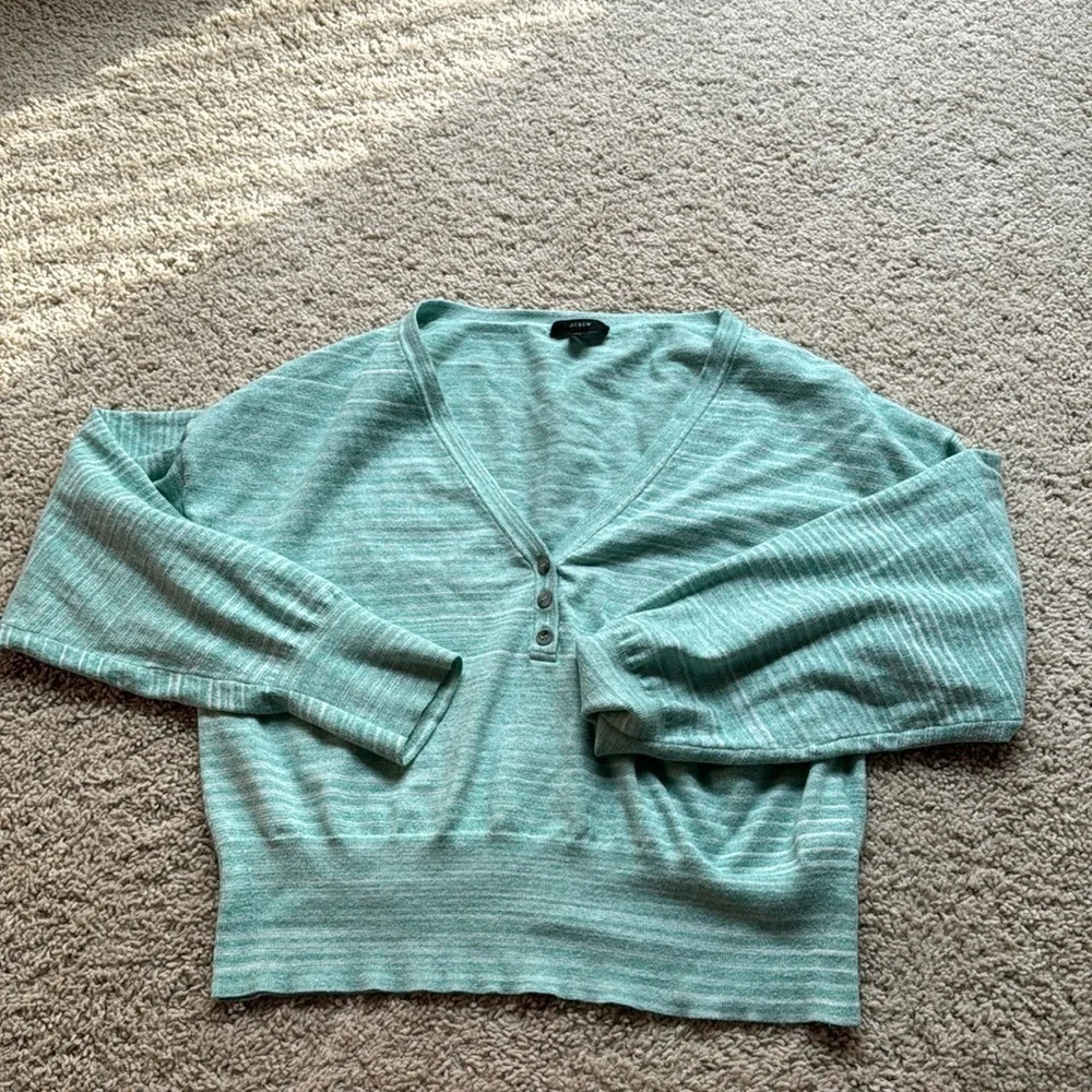 J. CREW Sea Green Space Dyed Wide V-Neck Henley Sweater BG646 Size X-Large